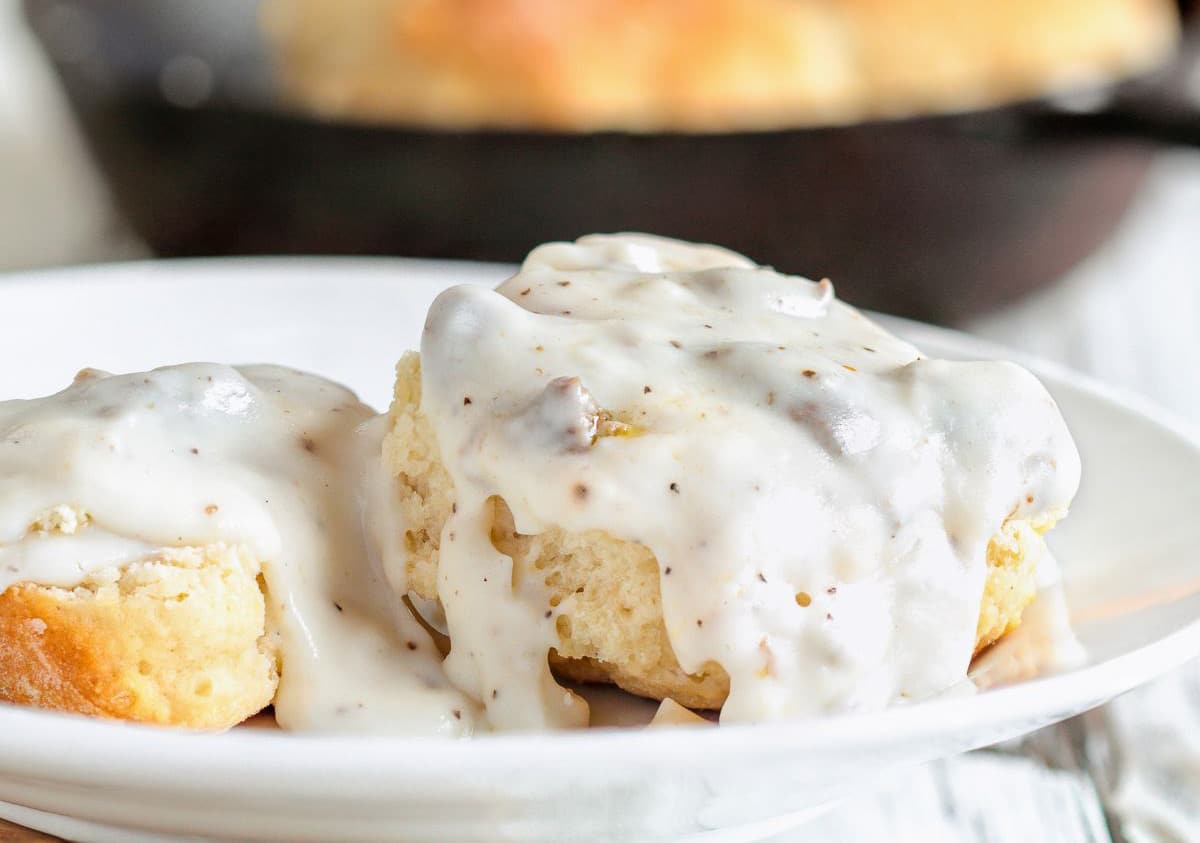 Biscuits and gravy on a plate